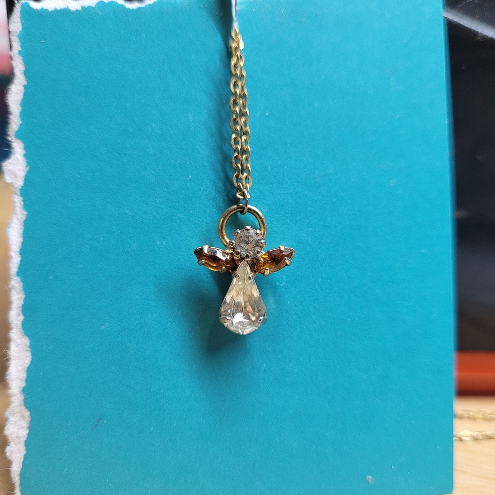 Gold-Tone Angel Pendant Necklace with Clear and Amber Crystals
